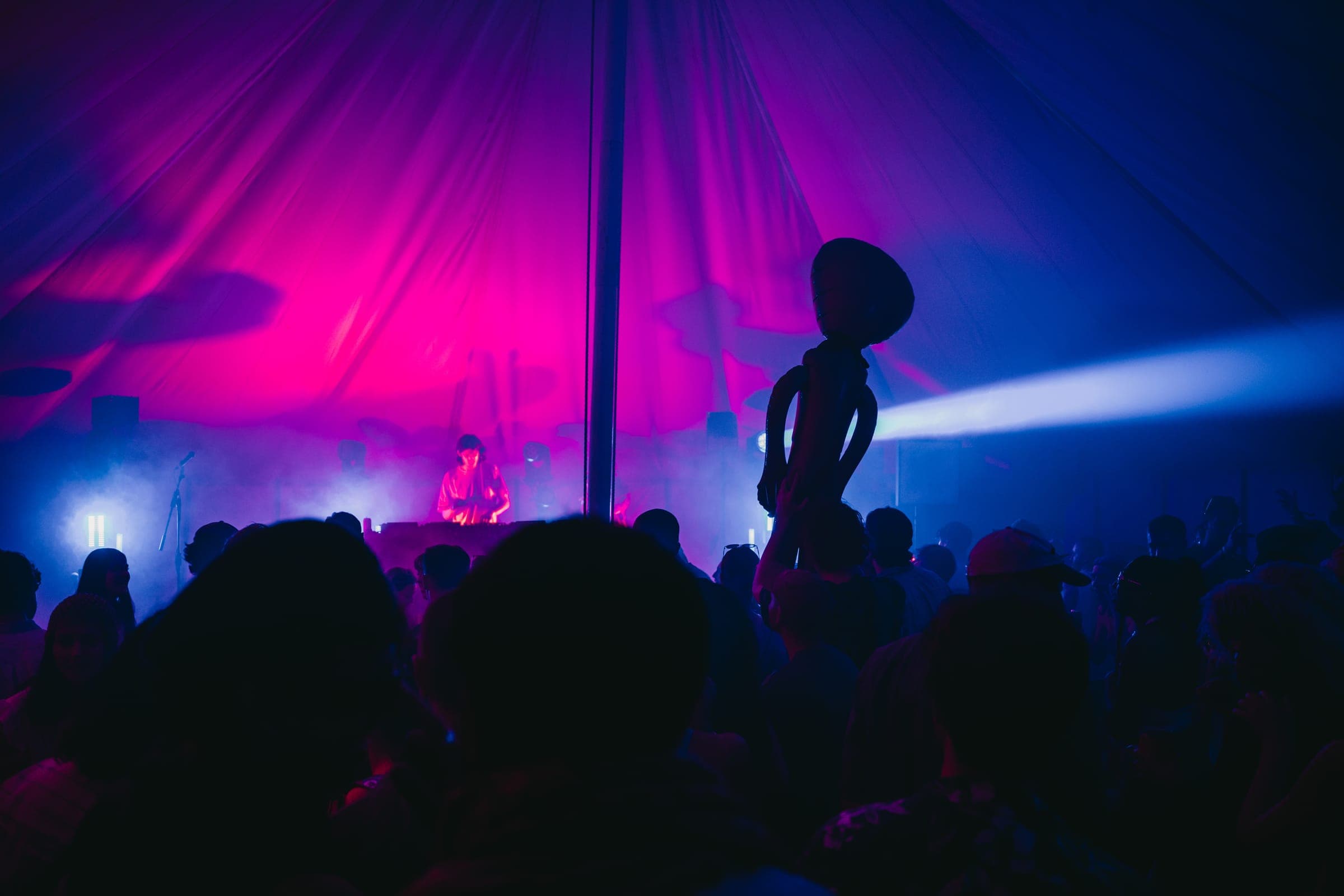 Crowd silhouetted under pink and purple stage lights